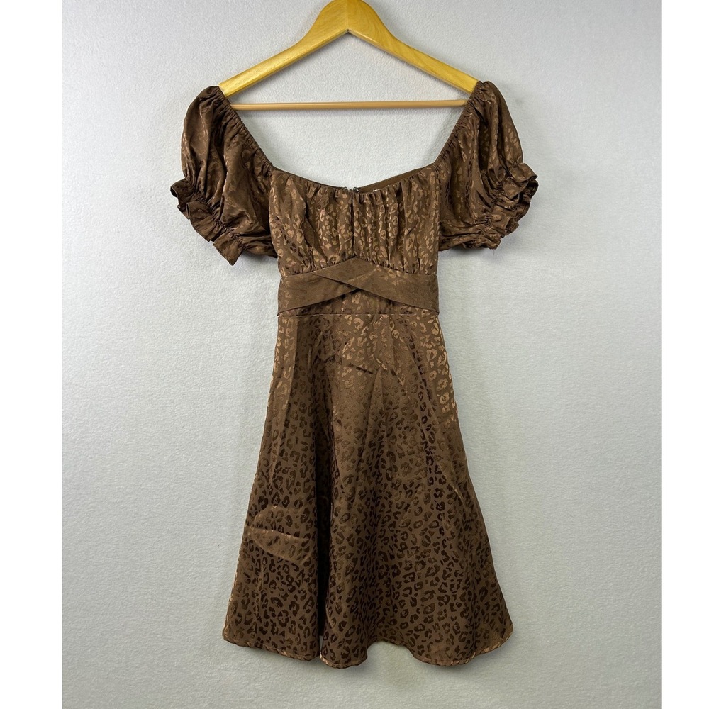 Miamasvin Satin Leopard Print Puff Sleeve Sweetheart Neckline Mini Dress Size M‎